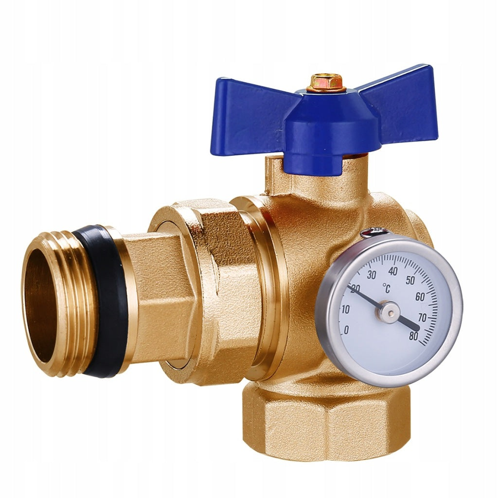 Aqbau zawór 1″ kątowy z termometrem do rozdzielacza niebieski mosiądz