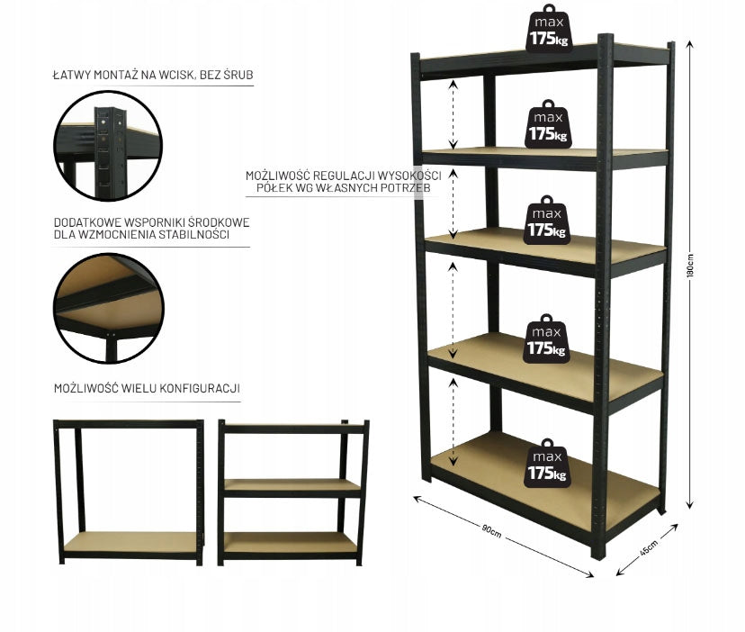 Regał garażowy 180x90x45cm 5 półek x175kg METALOWY mocny magazynowy MDF