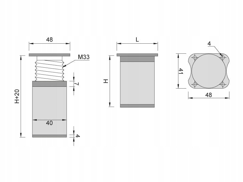 4x nóżka OKRĄGŁA meblowa z trwałego aluminium, z regulacją śr. 4cm /H- 10cm
