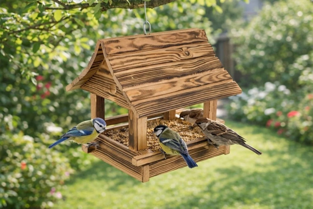 Aqbau duży drewniany karmnik dla ptaków do zawieszenia 30 x 26 x 25 cm