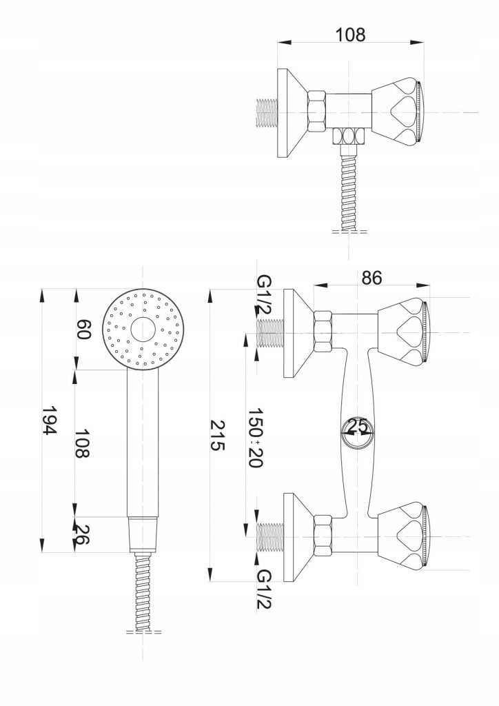 Aqbau Standard bateria natryskowa ścienna z wężem 150 cm mosiądz chrom
