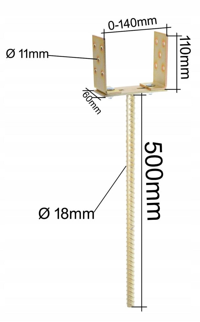 Podstawa słupa kotwa z prętem regulowana wspornik 0-40mmx 500mm złota ocynk