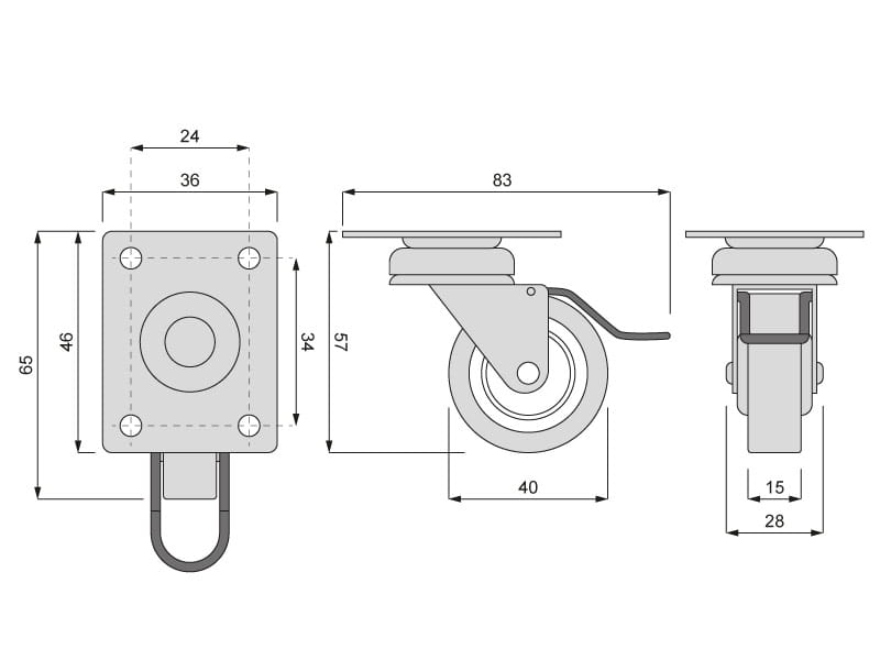 Kółko łożyskowe jezdne obrotowe 40mm metal + guma + HAMULEC ZESTAW 4 SZTUKI