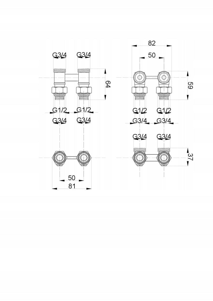 Aqbau Zawór przyłączeniowy grzejnikowy kątowy z nyplami 3/4″