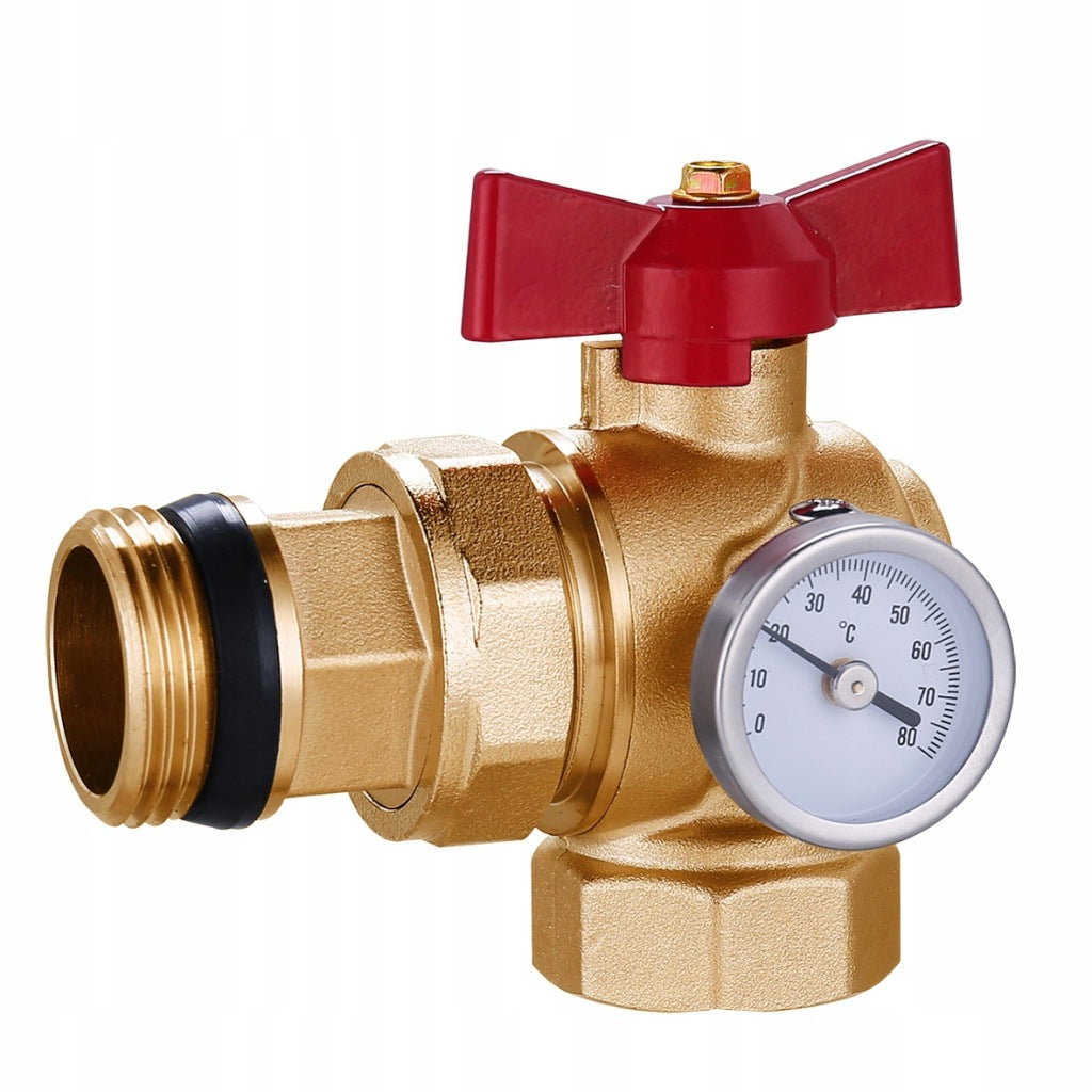Aqbau zawór 1″ kątowy z termometrem do rozdzielacza czerwony mosiądz