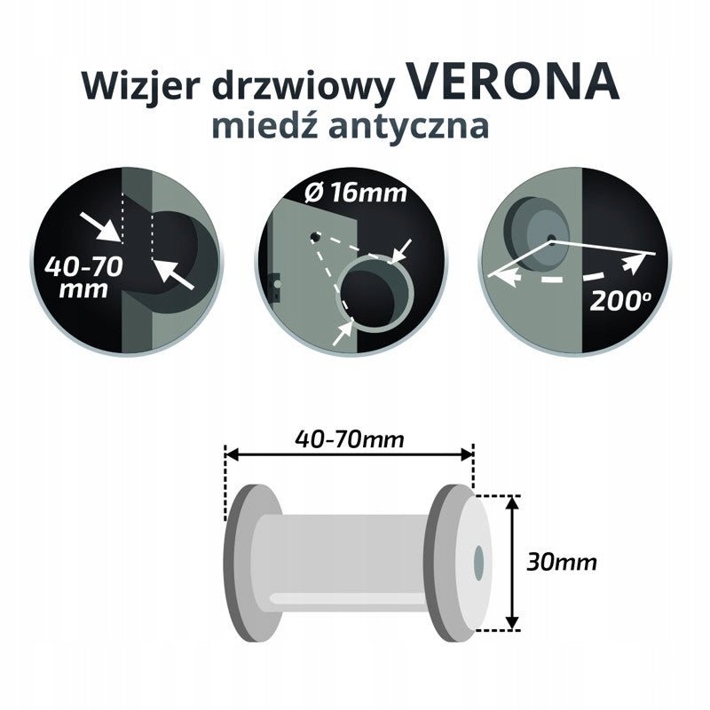 Wizjer szerokokątny 16mm 40-70mm miedź antyczna antyczny judasz do drzwi