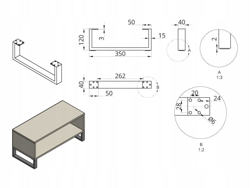 Nóżka meblowa 35 x12 cm komplet nóżek meblowych 2 szt metalowe Czarny mat