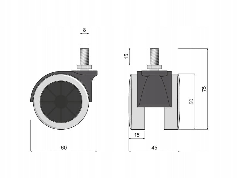 Kółko obrotowe gumowane z gwintem M8 śr 50 mm do fotela metalowe1 szt