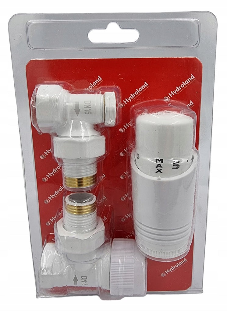 Aqbau Zestaw termo z zaworem zasilającym i odcinającym 1/2″ kątowy biały