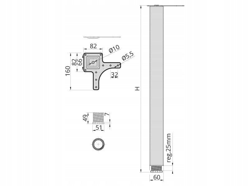 ZESTAW 4X noga do stołu KWADRATOWA H-71 cm, z regulacją , Chrom mat