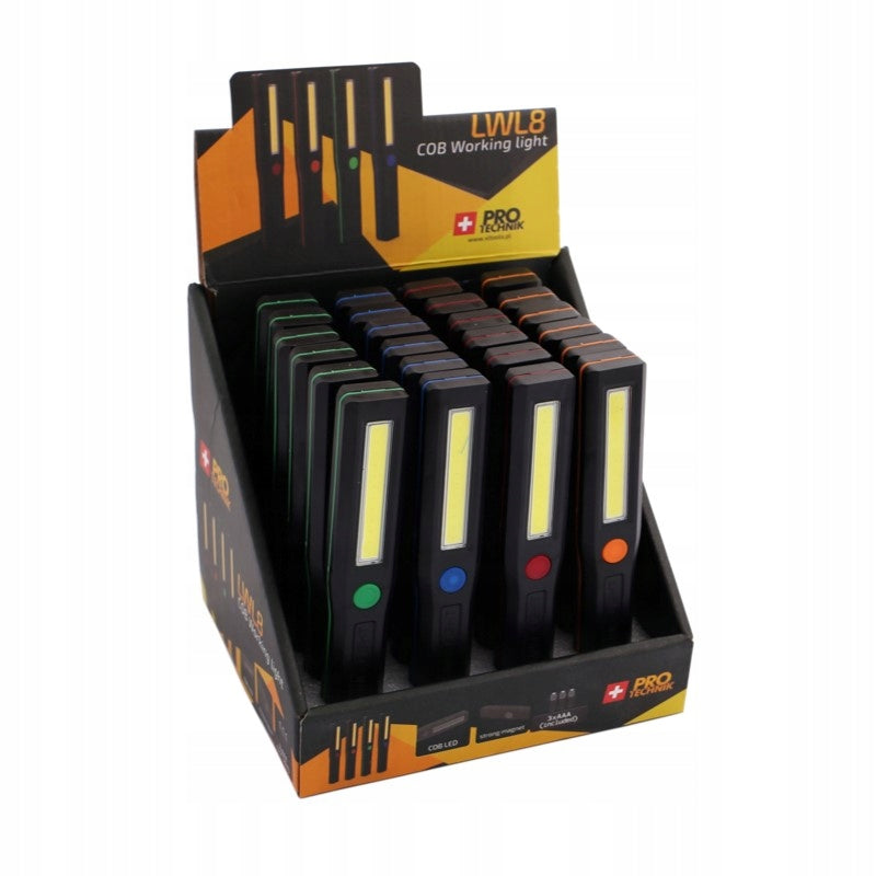 Aqbau mała lampka warsztatowa LED z magnesem zasilanie 3xAAA kolory