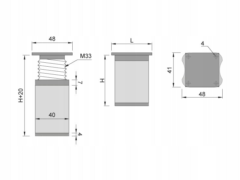 4x nóżka meblowa z aluminium KWADRATOWA z regulacją 4x4/H-15cm inox/czarny