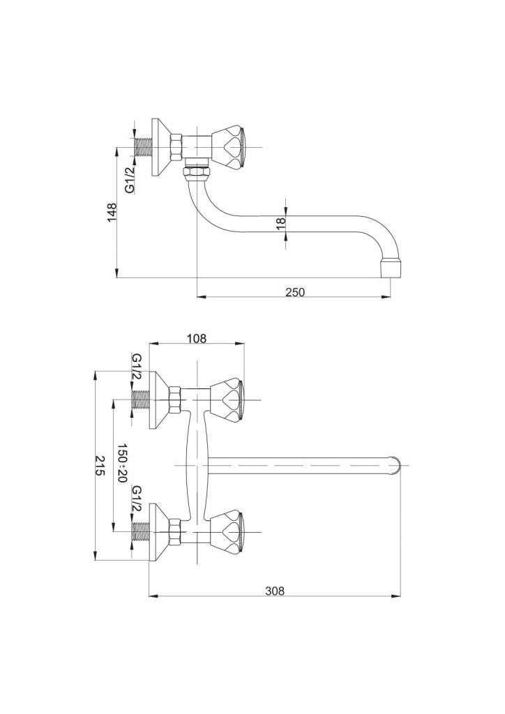Aqbau Bateria zlewozmywakowa ścienna z wylewką 3/4″ 250 mm kran zlewu chrom