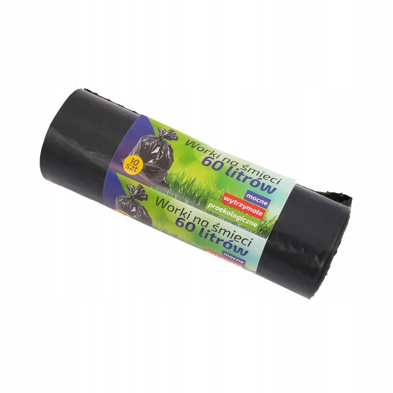 Worki na śmieci folia LDPE 60L/10 szt z zaciągiem czarne mocne