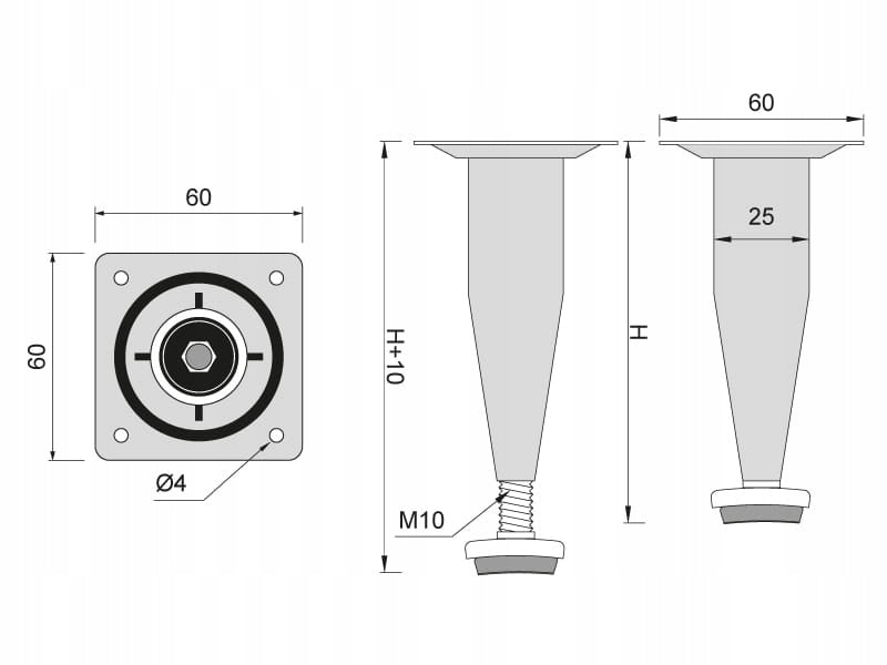Zestaw 4x Stożkowa nóżka meblowa H-10 cm z regulacją - Chrom mat nóżki LOFT