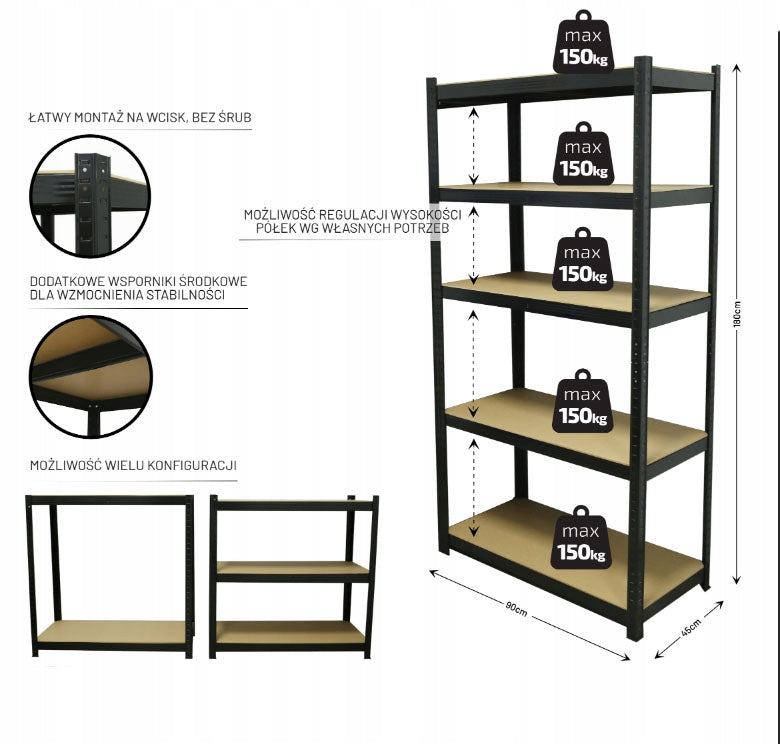 Regał garażowy 180x90x45cm 5 półek x 150kg METALOWY mocny magazynowy MDF