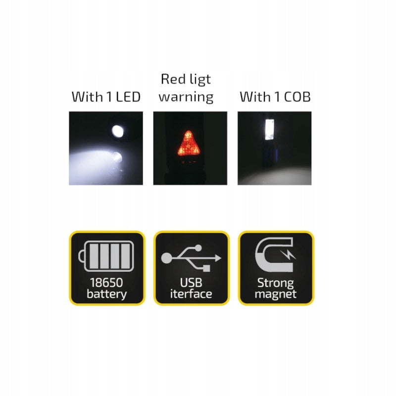 Aqbau lampa warsztatowa robocza COB LED 3w1 z akumulatorem i ładowaniem USB