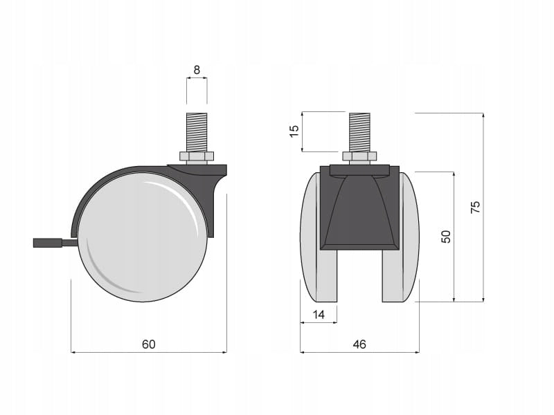 Kółko obrotowe meblowe z gwintem M8 + hamulec 50 mm do fotela metal1 sztuka