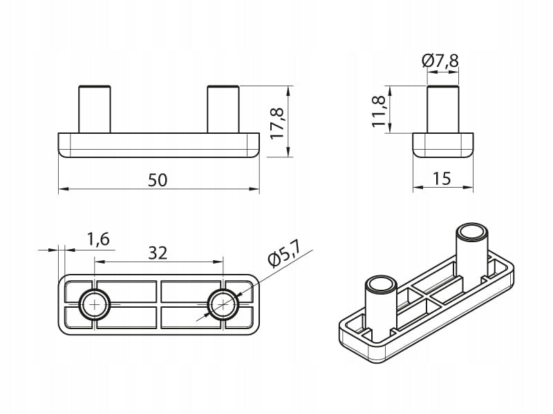 Ślizg tapicerski 50x15x6 mm Czarny Ślizgacz dwupunktowy DO MEBLI tapicerow