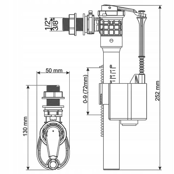 Zawór napełniający do spłuczki 1/2" z króćcem 3/8" toaleta WC