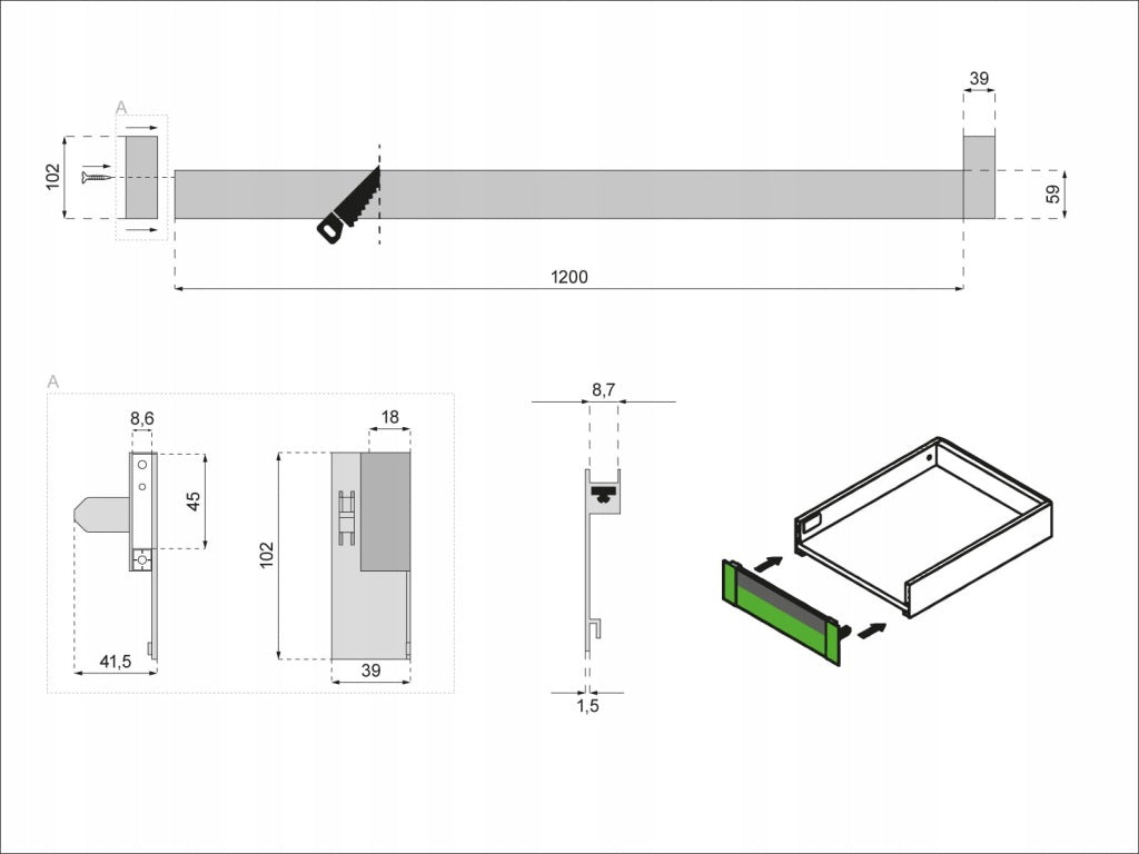 Aqbau front szuflady wew. system mebli DiBOX do szkła kolor biały 102mm