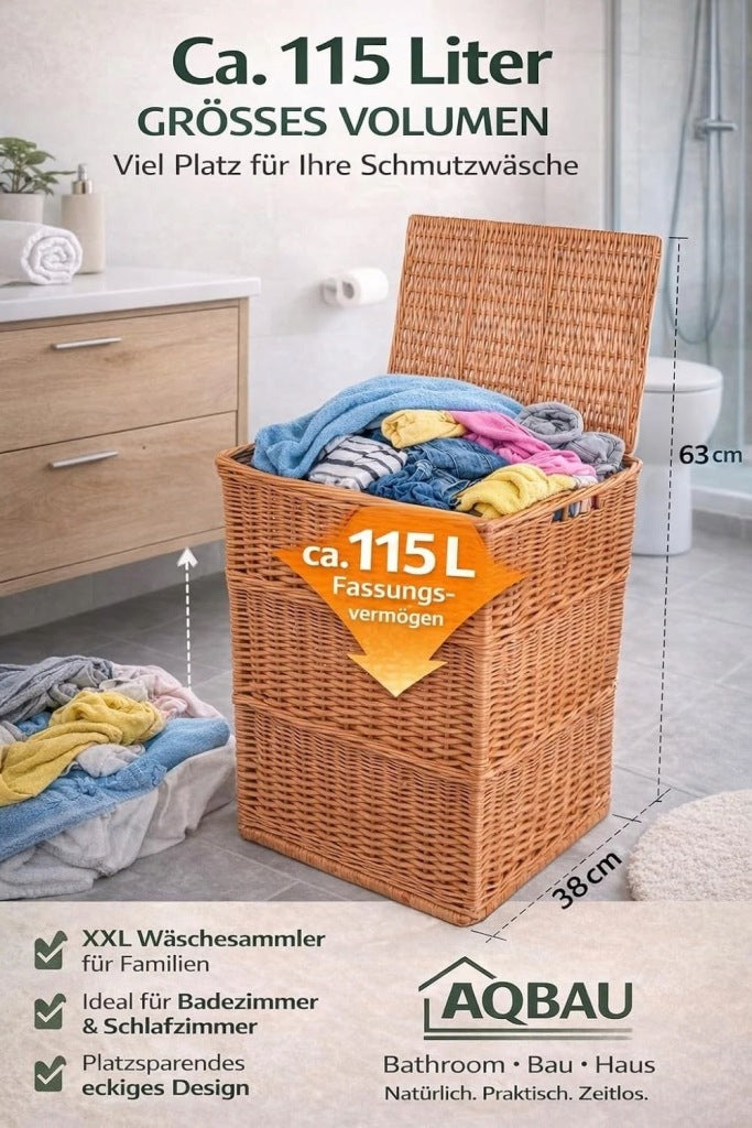 Aqbau wiklinowy kosz na pranie łazienowy koszyk eko duży z pokrywą 63x48x38