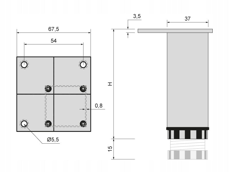 4x Aluminiowa KWADRATOWA nóżka meblowa H-15cm,z regulacją wys, Anoda czarna