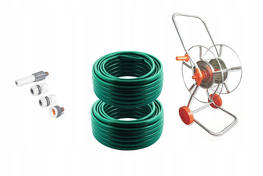 ZESTAW WĄŻ OGRODOWY 100M WÓZEK ZRASZACZ ZWIJACZ PISTOLET ZŁĄCZKI 1/2" Eco