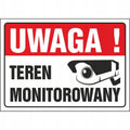 Tablica UWAGA TEREN MONITOROWANY (25x35) biała na budynek, dom, ogrodzenie