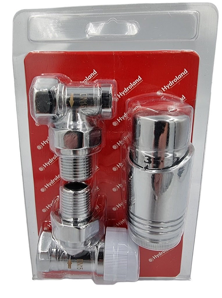 Aqbau Zestaw termo z zaworem zasilającym i odcinającym 1/2″ kątowy chrom
