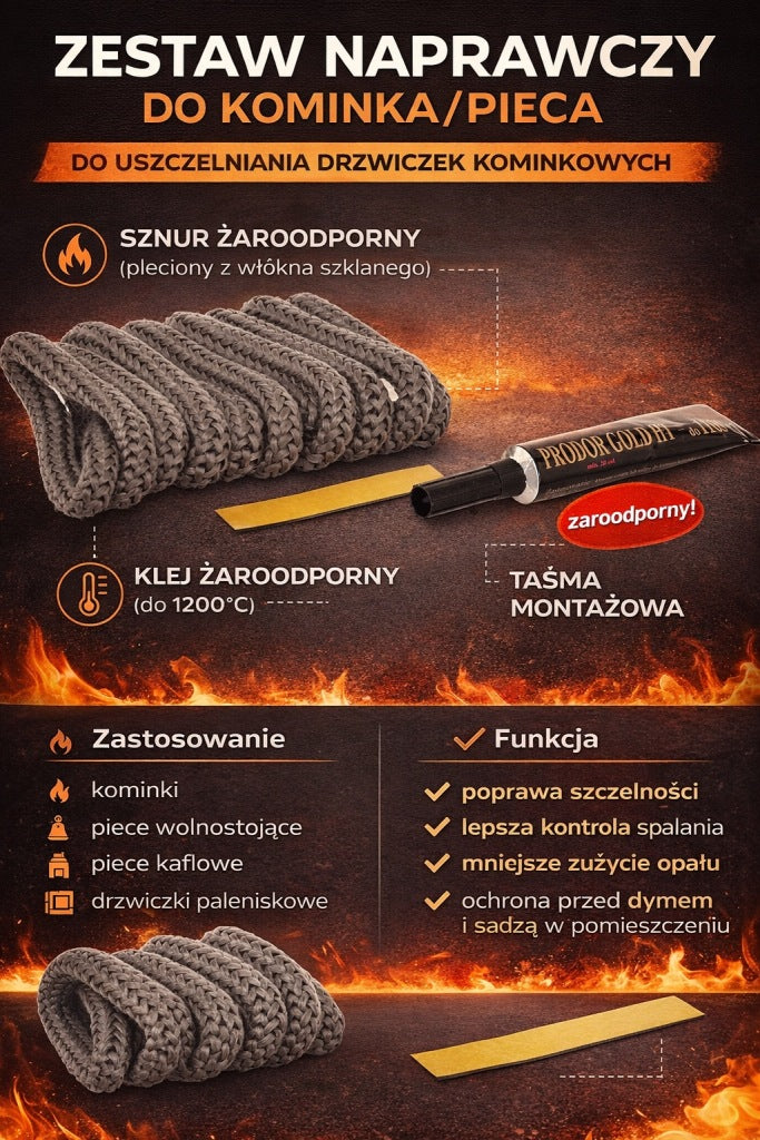 Aqbau zestaw naprawczy do kominka pieca z klejem do 1100°C długość 2,5m12mm