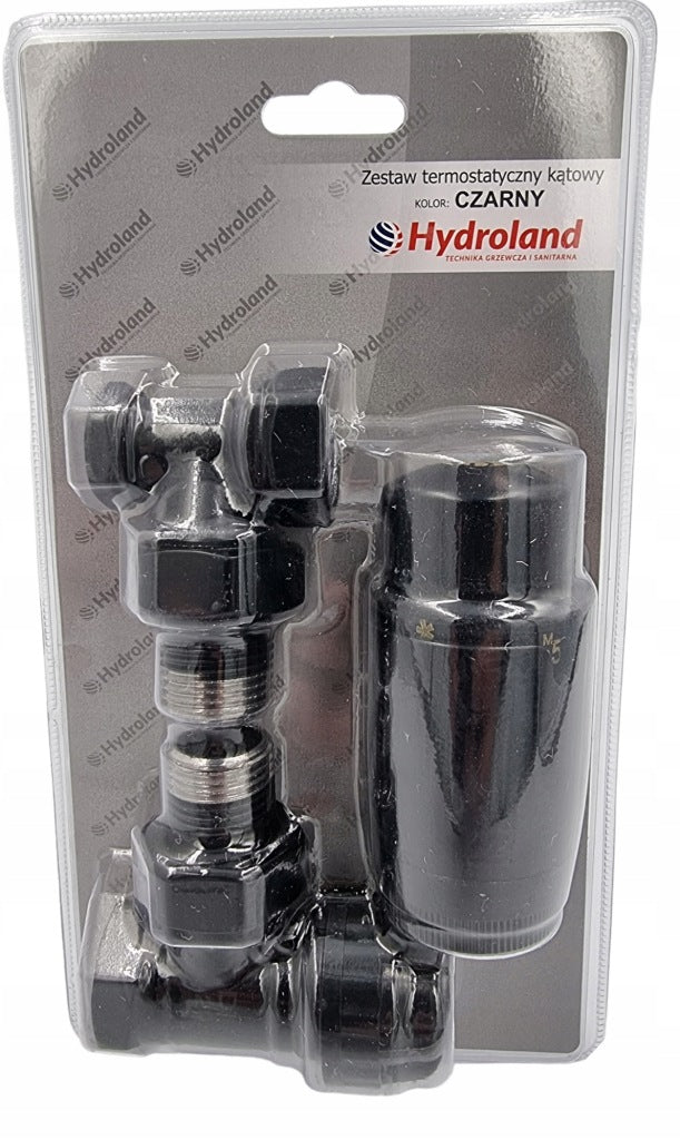 Aqbau Zestaw termo z zaworem zasilającym i odcinającym 1/2″ kątowy czarny