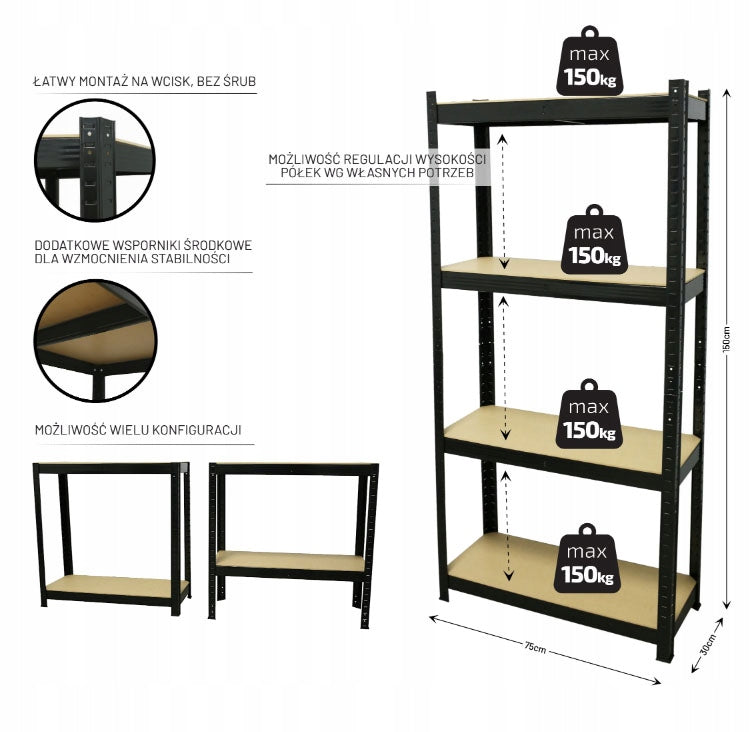 Regał garażowy 150x75x30cm 4 półki x150kg METALOWY mocny magazynowy MDF