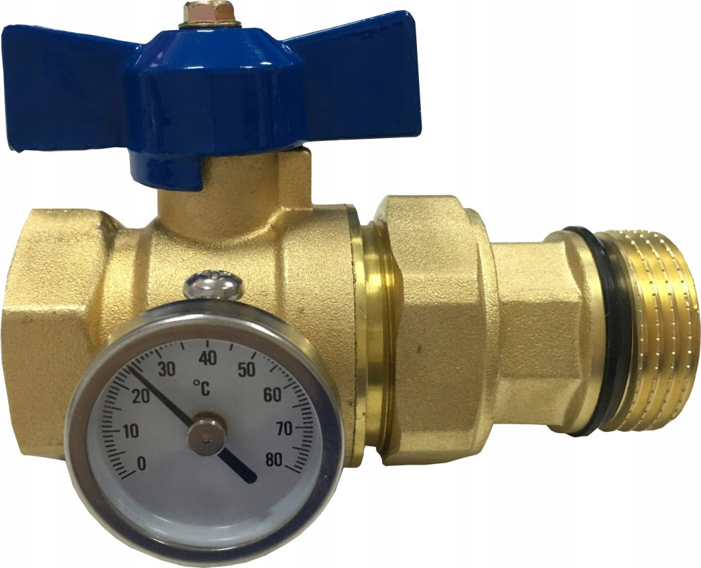 Aqbau zawór 1″ prosty z termometrem do rozdzielacza niebieski mosiężny